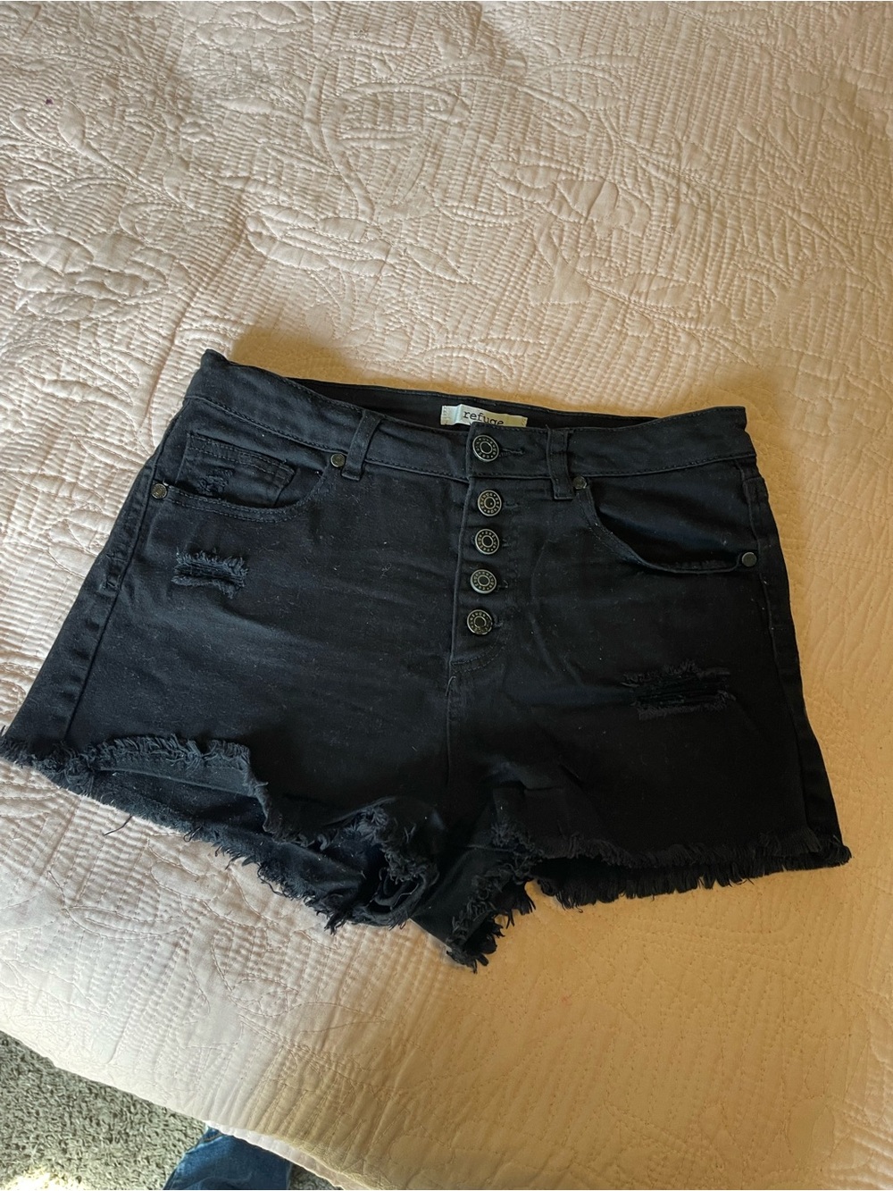refuge Black Distressed Button-Front Denim Shorts